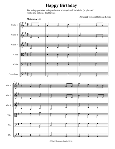 Happy Birthday: for String Quartet or String Orchestra, opt. 3rd violin and double bass (arr. Meri Dolevski)