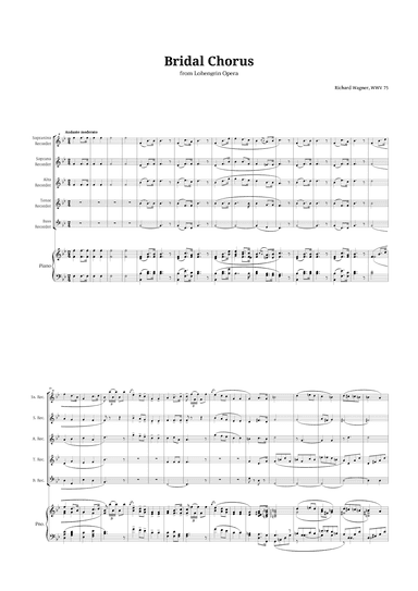 Bridal Chorus by Wagner for Recorder Quintet and Piano (arr. Langanho)
