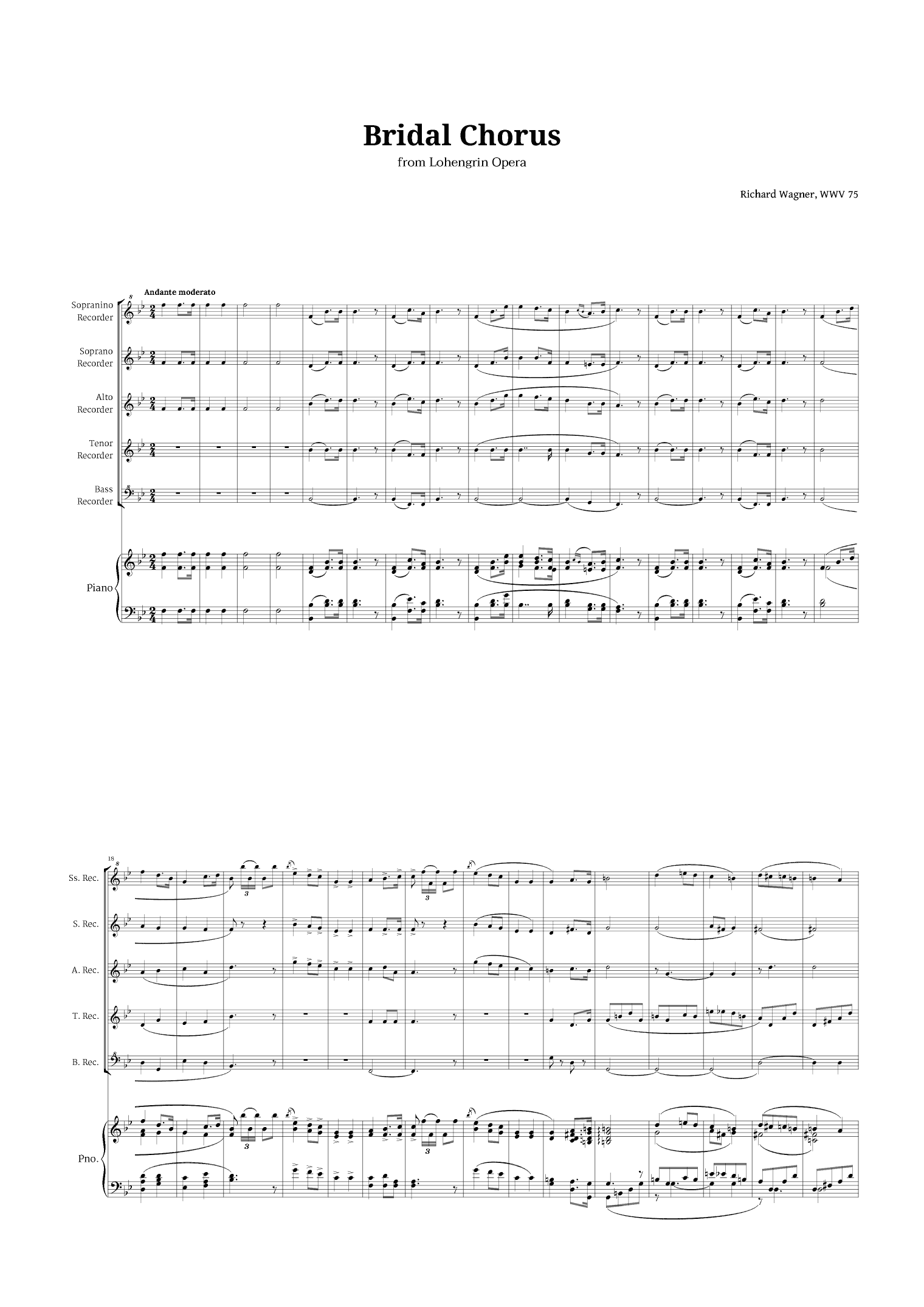 Bridal Chorus by Wagner for Recorder Quintet and Piano (arr. Langanho)