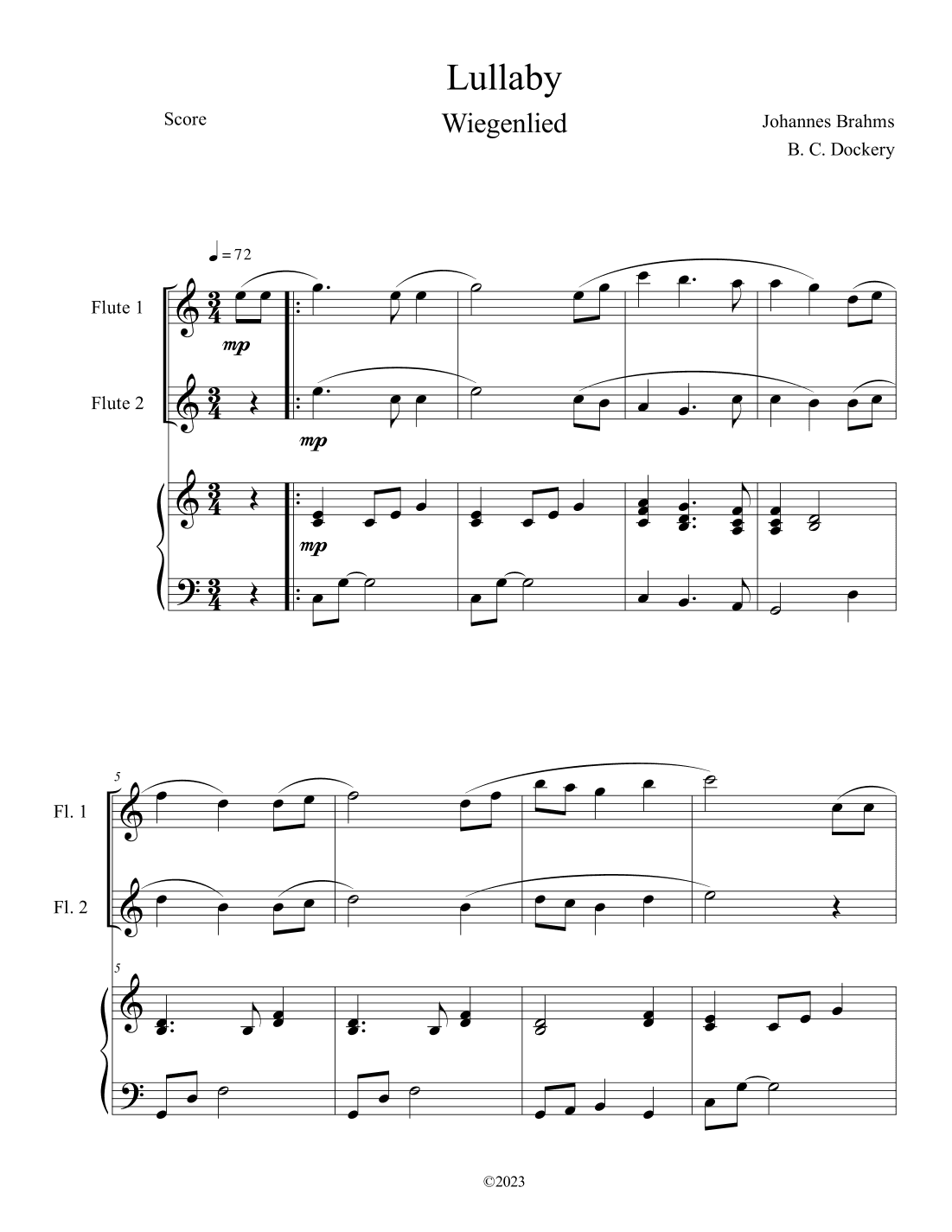 Brahms's Lullaby (Flute Duet with Piano Accompaniment) (arr. B. C. Dockery)