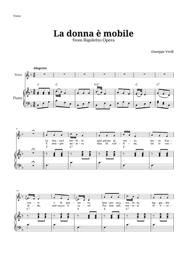 La donna è mobile in F major for Voice and Piano (arr. Langanho)