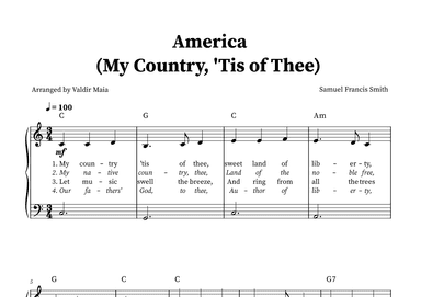 America (My Country, 'Tis of Thee) - Easy Beginner Piano (chords and lyrics) (arr. Valdir Maia)
