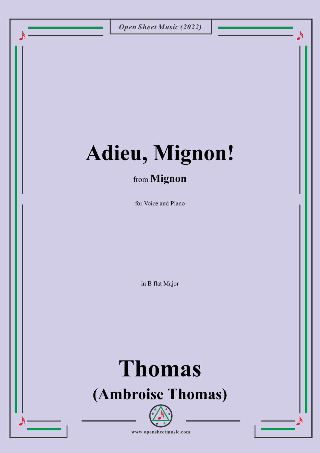 A. Thomas-Adieu,Mignon!,in B flat Major,from Mignon,for Voice and Piano (arr. OSM Press)