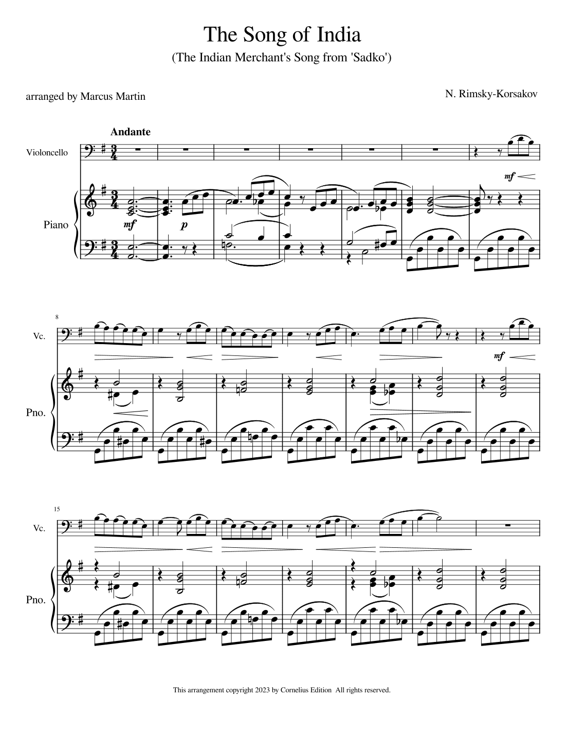 Song of India from Sadko arr. for  Cello and Piano (arr. Marcus Martin)