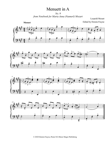 Menuett in A, No. 9 from Notebook for Maria Anna (Nannerl) Mozart (arr. Presto! It's Music Magic Publishing)