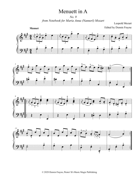Menuett in A, No. 9 from Notebook for Maria Anna (Nannerl) Mozart (arr. Presto! It's Music Magic Publishing)