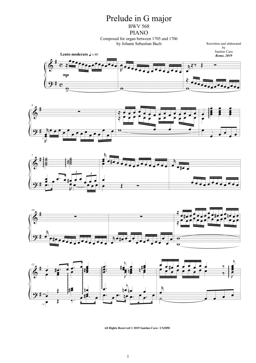 Bach - Prelude in G major BWV 568 for Piano (arr. Santino Cara)
