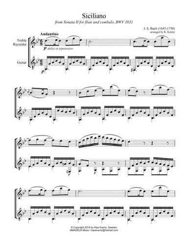 Siciliano BWV 1031 for treble recorder and guitar (G minor) (arr. K. Krantz)