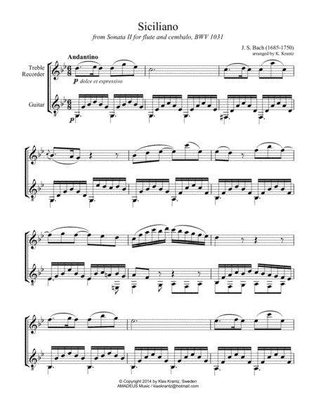 Siciliano BWV 1031 for treble recorder and guitar (G minor) (arr. K. Krantz)