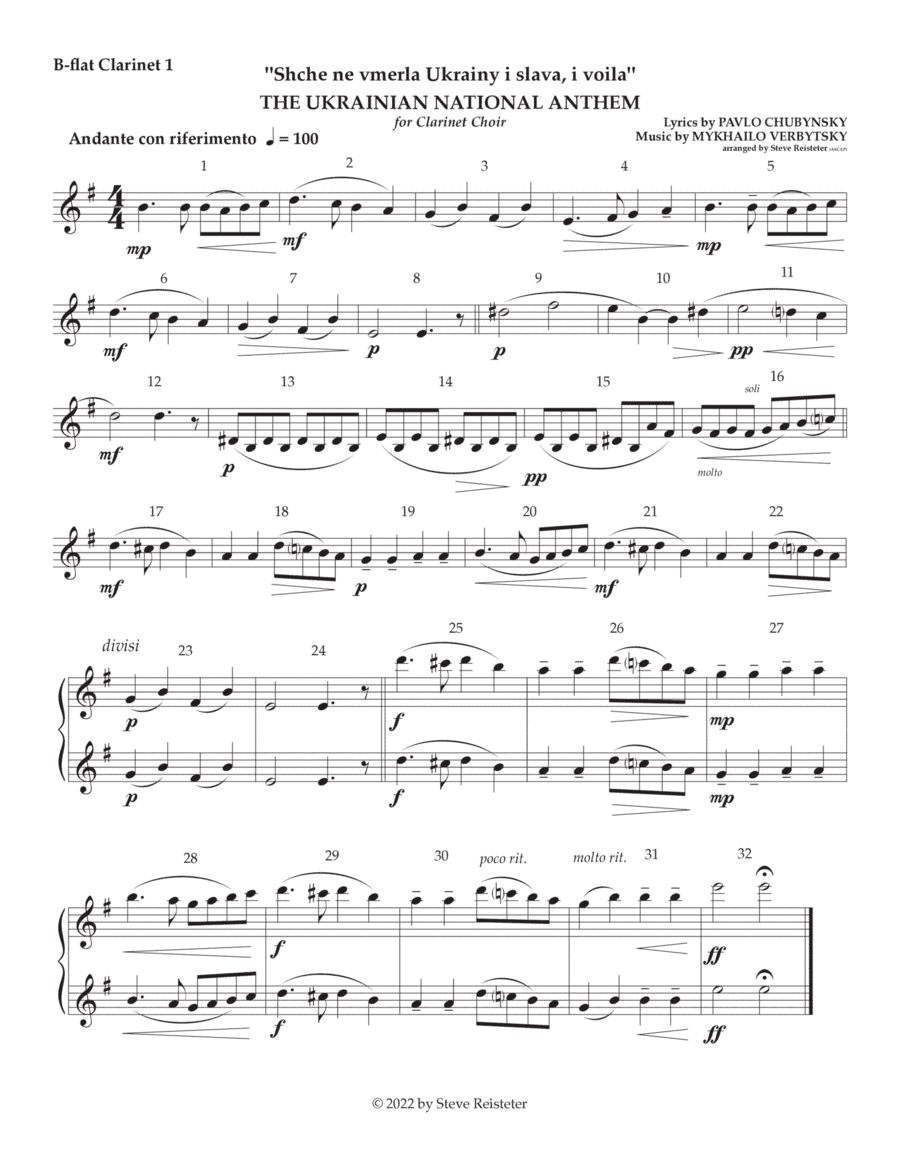 Ukrainian National Anthem for Clarinet Choir (arr. Steve Reisteter)