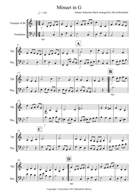 Minuet in G by Bach for Trumpet and Trombone Duet (arr. David Burndrett)
