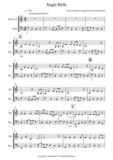 Jingle Bells (Jazzy Style!) for French Horn and Tuba Duet (arr. David Burndrett)