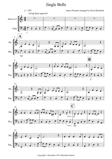 Jingle Bells (Jazzy Style!) for French Horn and Tuba Duet (arr. David Burndrett)