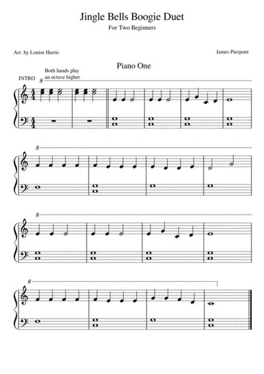 Jingle Bells Piano Duet. Boogie style for two beginners pianists. No verse. (arr. Louise Harris)