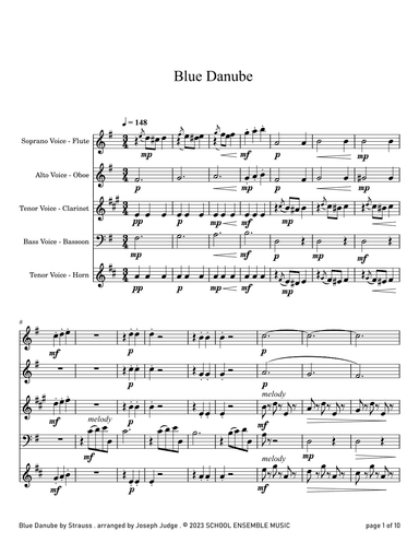 Blue Danube by Strauss for Woodwind Quartet in Schools (arr. Joseph Judge)