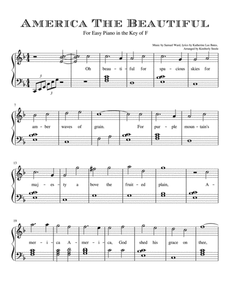 America The Beautiful For Easy Piano Level 3 in the Key of F major (arr. Kimberly Steele)
