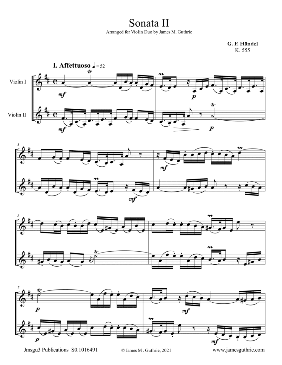 Handel: Sonata No. 2 for Violin Duo (arr. James M. Guthrie)