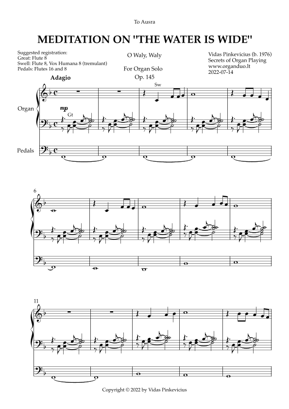 Meditation on "The Water Is Wide", Op. 145 (Organ Solo) by Vidas Pinkevicius (2022)