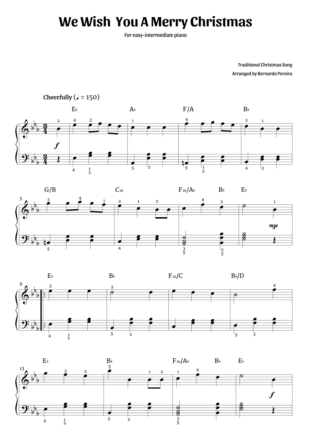 We Wish You A Merry Christmas (easy-intermediate piano – Eb major) (arr. Bernardo Pereira)
