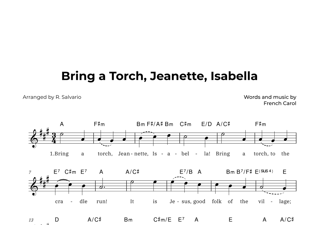 Bring a Torch, Jeanette, Isabella (Key of A Major) (arr. R. Salvario)
