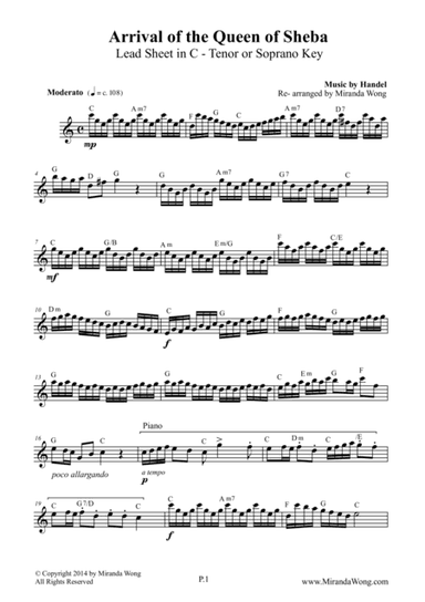 Arrival of Queen of Sheba - Lead Sheet in C for Soprano or Tenor Saxophone