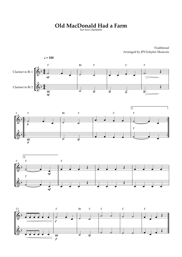 Old MacDonald Had A Farm for clarinet duet (arr. JPS Edições Musicais)