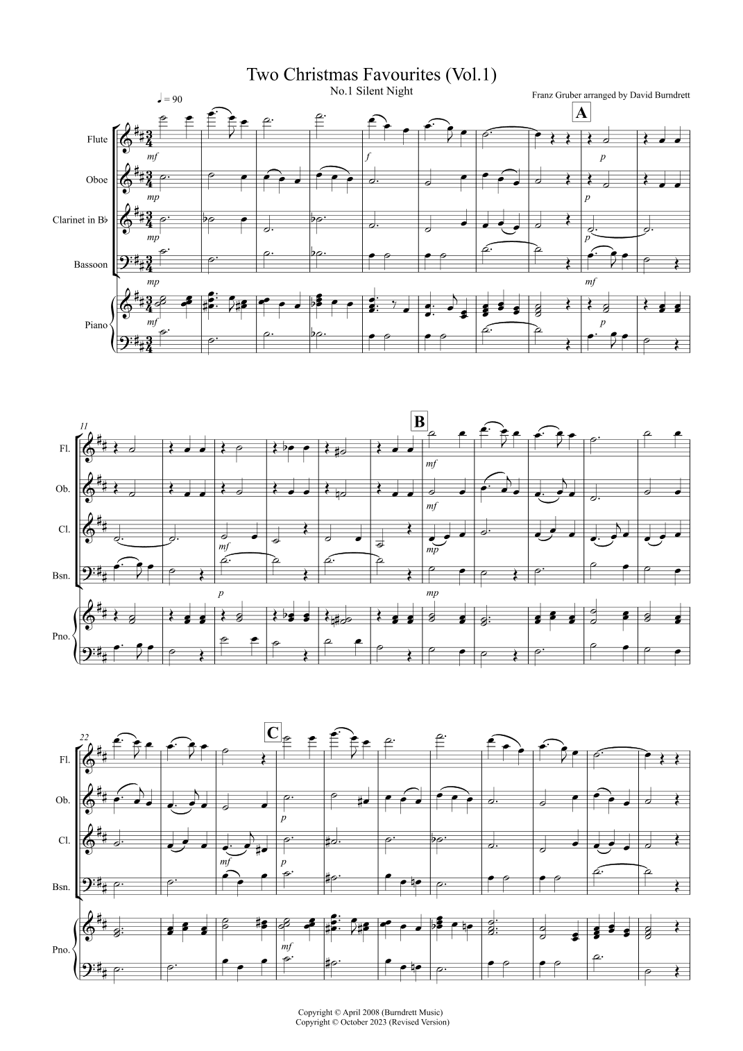 2 Christmas Favourites for Wind Quartet (volume one) (arr. David Burndrett)