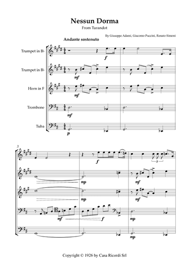 Nessun Dorma - Brass Quintet (arr. Karen Gueiros)