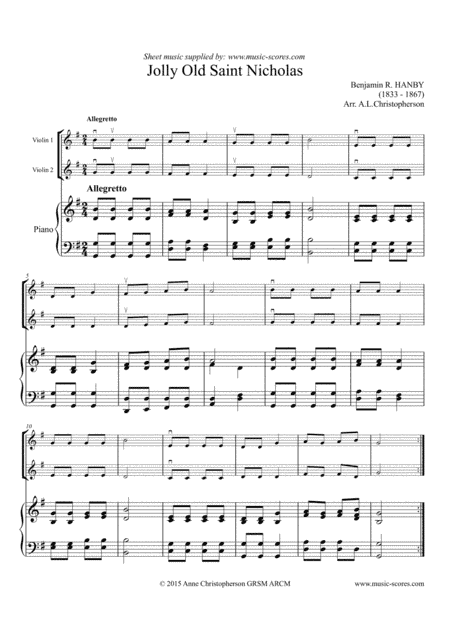 Jolly Old Saint Nicholas - 2 Violins and Piano (arr. Music-Scores.com)