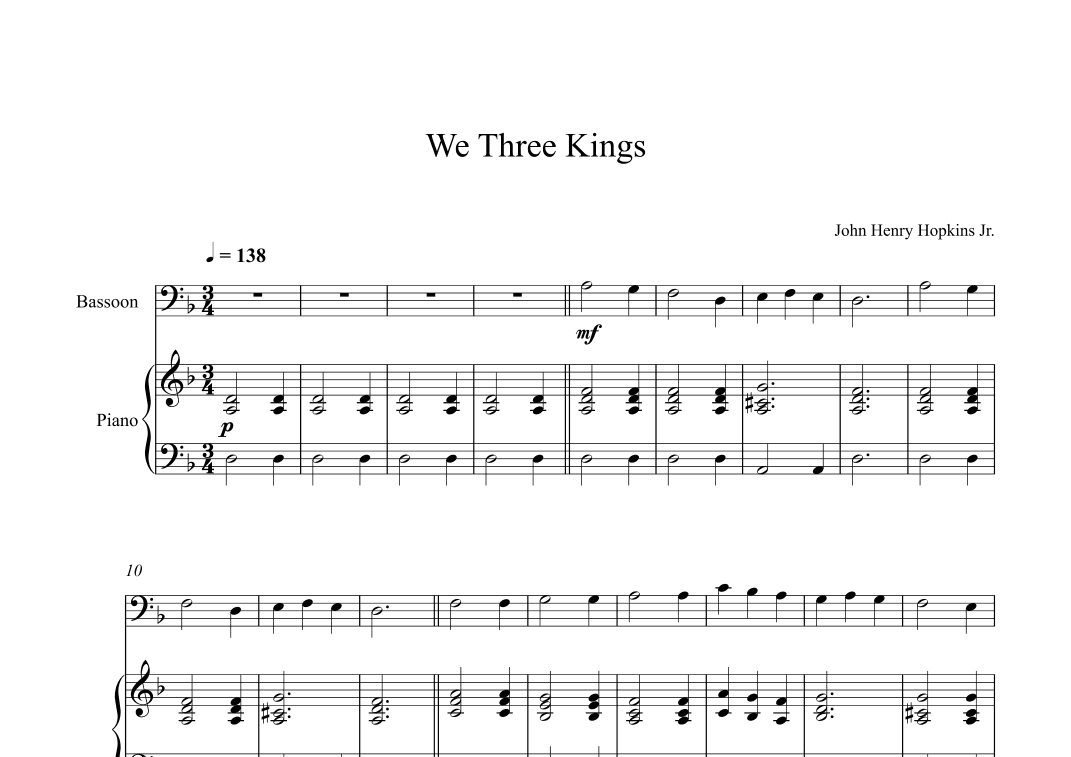 We Three Kings - John Henry Hopkins Jr. (Bassoon + Piano) (arr. Digital Book Music)