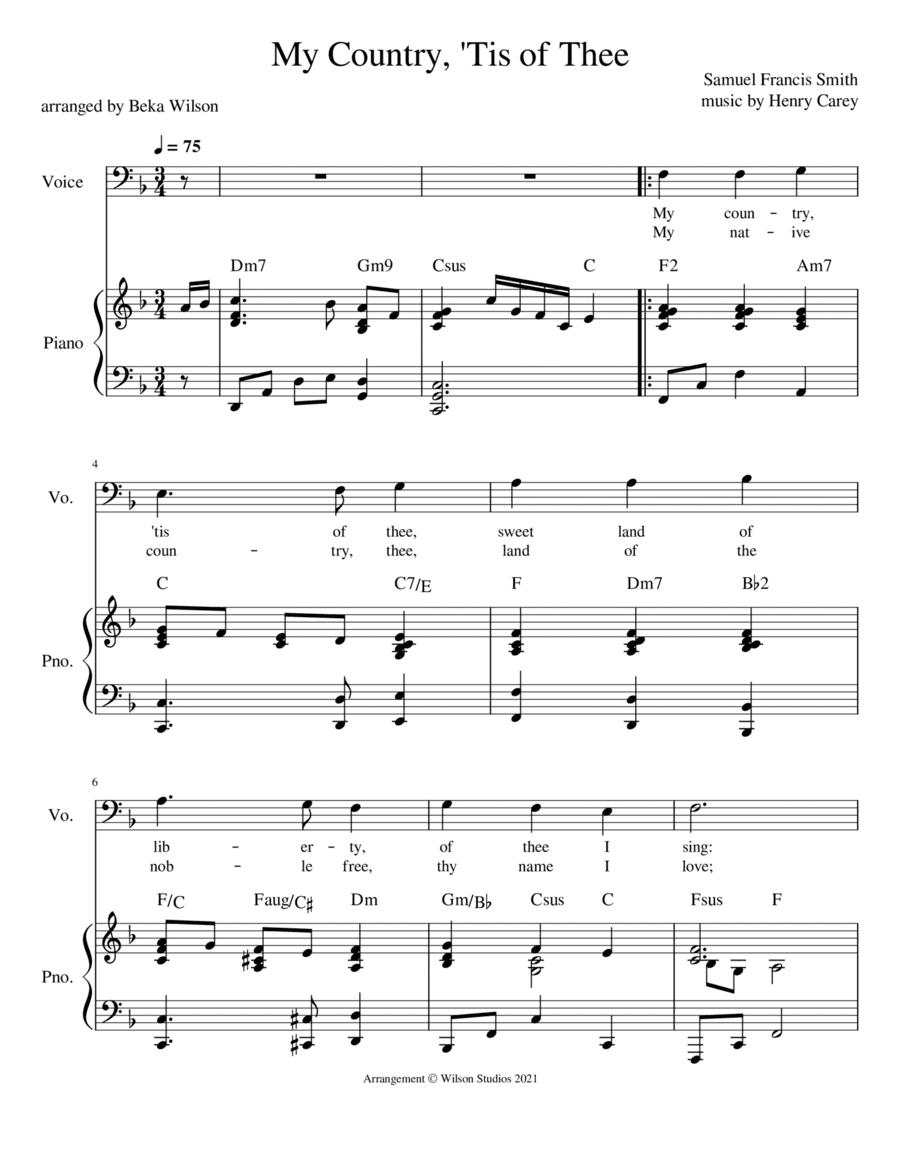 America (My Country 'Tis of Thee)--vocal solo (bass clef) (arr. Beka Wilson)