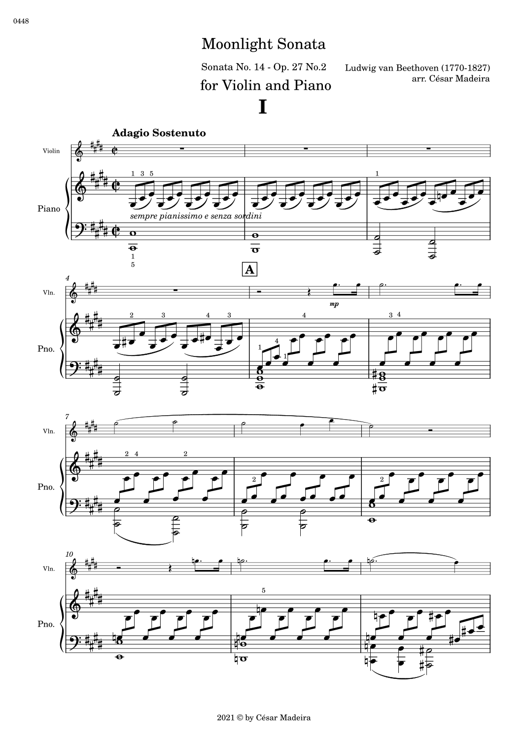 Moonlight Sonata by Beethoven 1 mov. - Violin and Piano (Full Score) (arr. César Madeira)