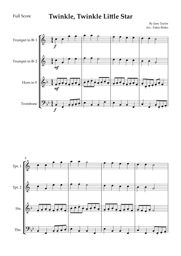 Twinkle, Twinkle Little Star for Brass Quartet (arr. Fabio Britto)