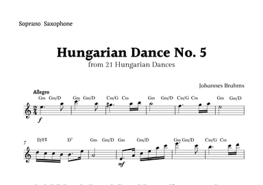 Hungarian Dance No. 5 by Brahms for Soprano Sax with Chords (arr. Rika K.)