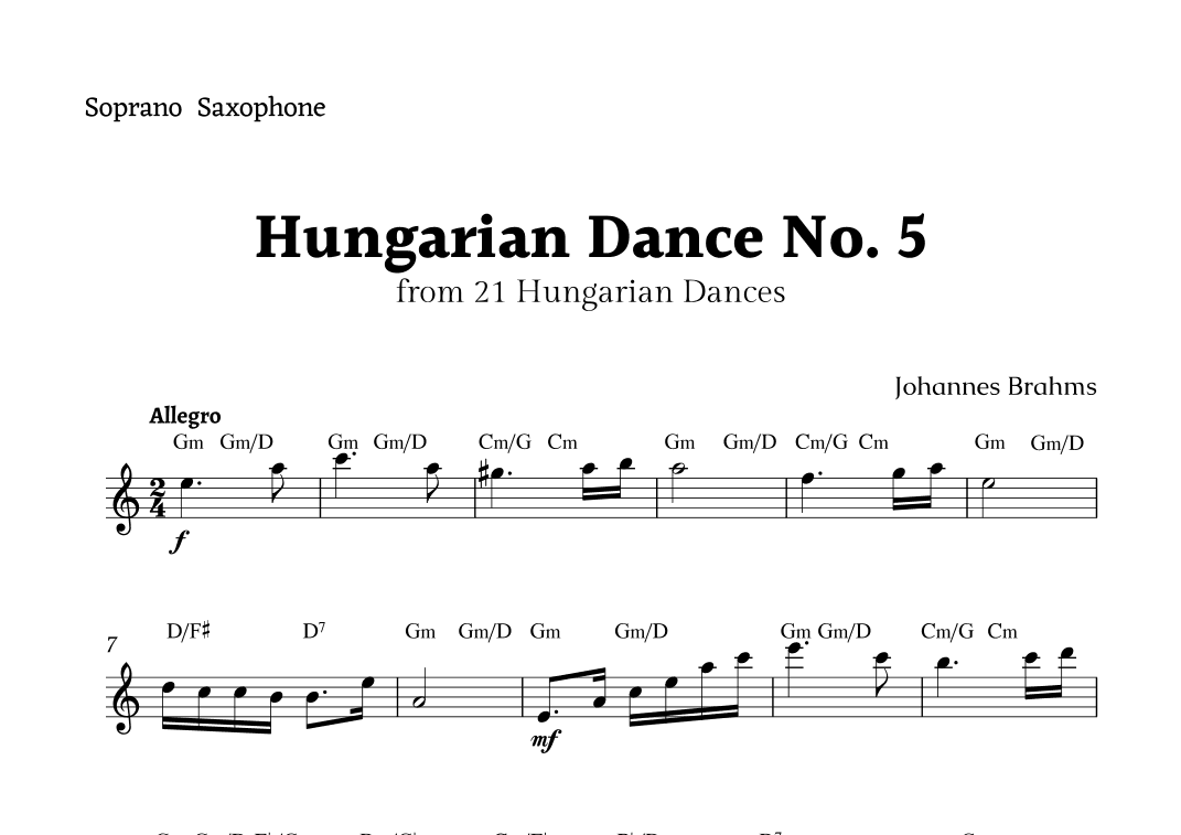 Hungarian Dance No. 5 by Brahms for Soprano Sax with Chords (arr. Rika K.)