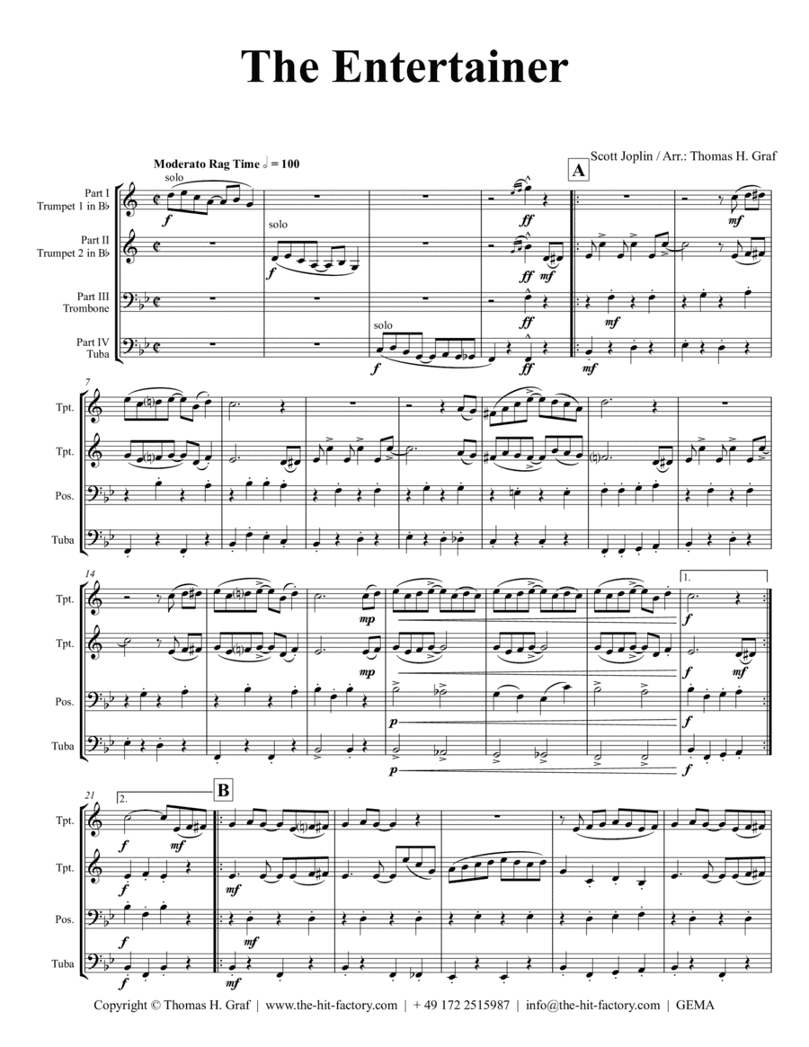 The Entertainer - Rag Time Classic - Brass Quartet (arr. Thomas Graf)