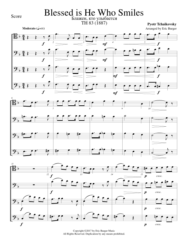 Blessed is He Who Smiles for Trombone or Low Brass Quartet (arr. Eric Burger Music)