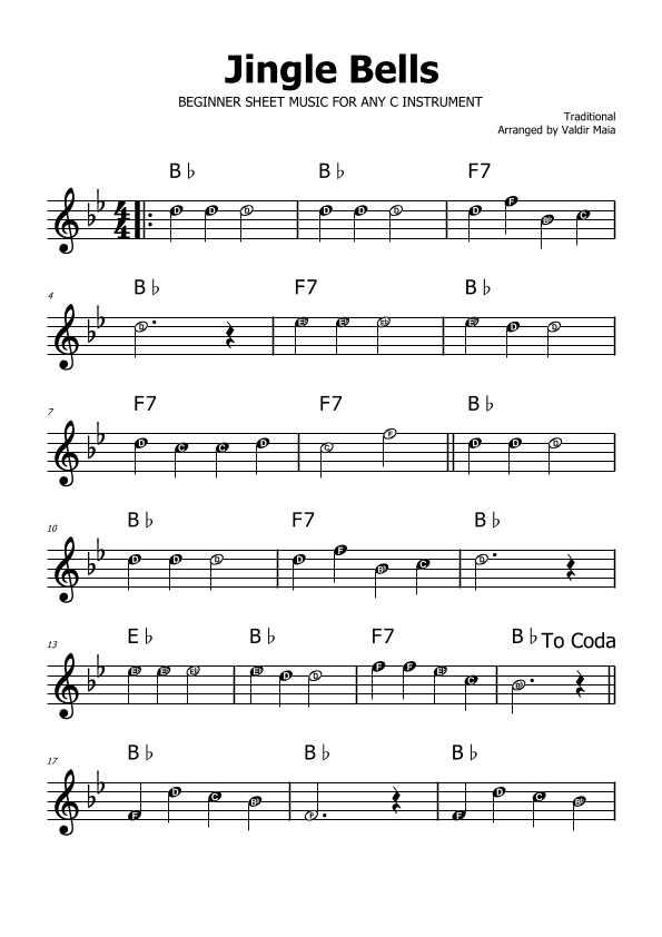 Jingle Bells - Bb Major (with note names) (arr. Valdir Maia)