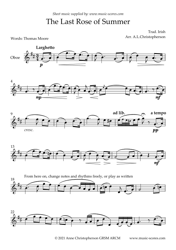 The Last Rose of Summer - Unaccompanied Oboe (arr. Anne L Christopherson GRSM ARCM)