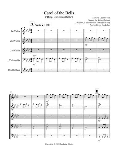 Carol of the Bells (F min) (String Quintet - 3 Violin, 1 Cello, 1 Bass) (arr. Regis Bookshar)