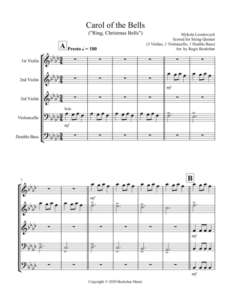 Carol of the Bells (F min) (String Quintet - 3 Violin, 1 Cello, 1 Bass) (arr. Regis Bookshar)