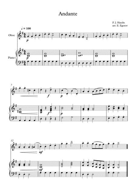 Andante (Surprise Symphony), Franz Joseph Haydn, For Oboe & Piano (arr. Eugene Egorov)