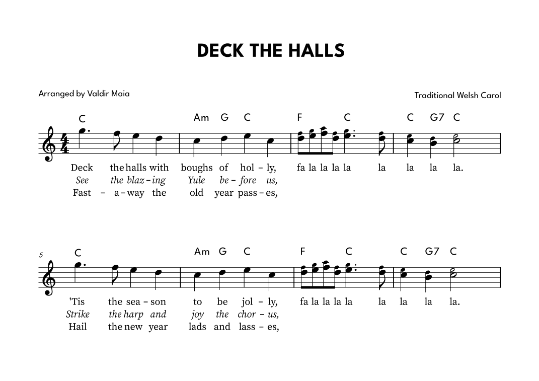 Deck The Halls - Lead Sheet in C (higher key) (arr. Valdir Maia)