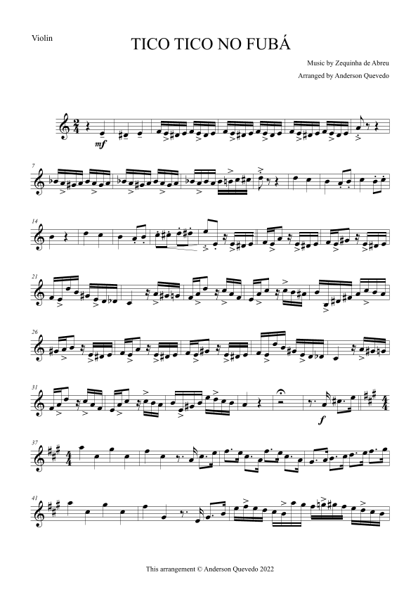 Tico Tico no Fubá by Zequinha de Abreu for Violin Solo (arr. Anderson Quevedo)