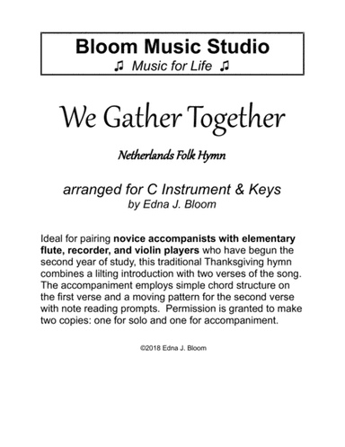 We Gather Together C Instrument & Keys Thanksgiving Duet (arr. Edna J. Bloom)