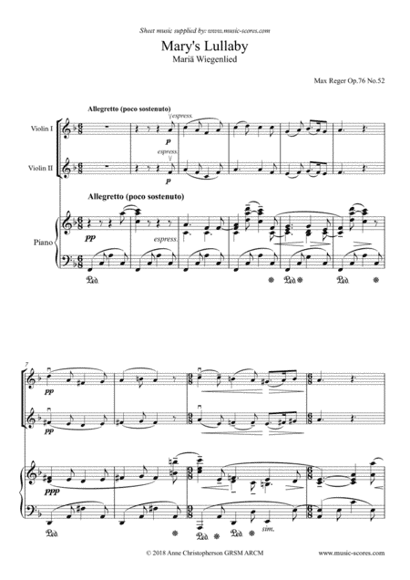 Mary's Lullaby, or Maria Wiegenlied - 2 Violins and Piano (arr. Anne Christopherson GRSM ARCM)