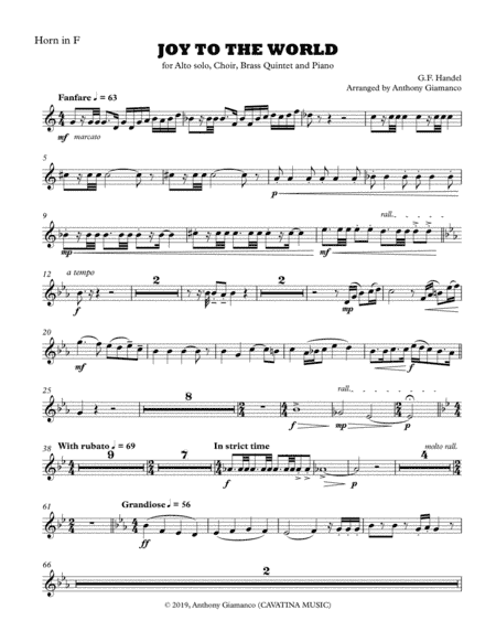 Joy to the World (alto solo, choir, piano, brass quintet) - HORN in F PART (arr. Anthony Giamanco)