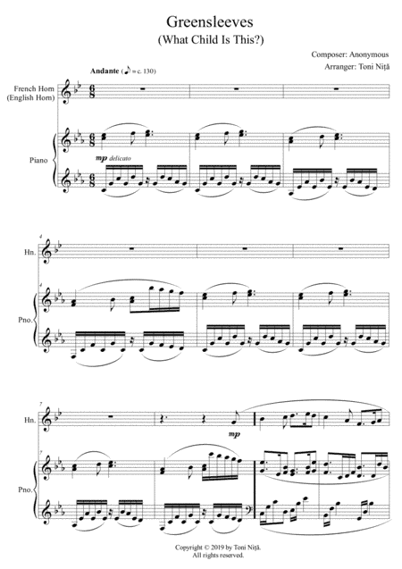 Greensleeves (What Child Is This?) - Piano & French Horn (alternatively English Horn) (arr. Toni Nita)