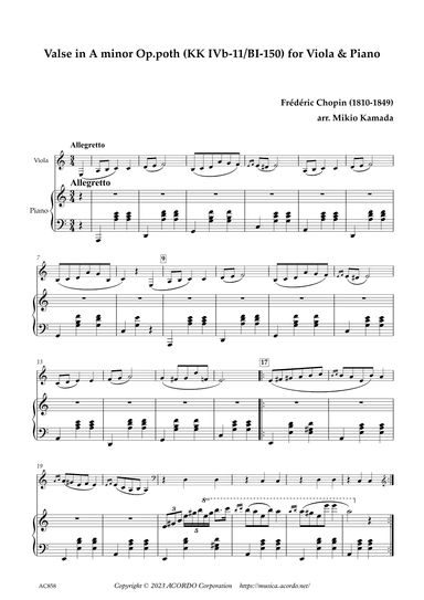 Valse in A minor Op.poth (KK IVb-11/BI-150) for Viola & Piano (arr. Kamada, Mikio)