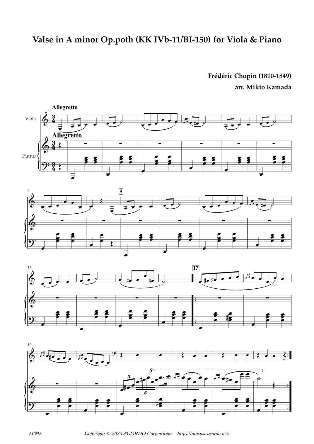 Valse in A minor Op.poth (KK IVb-11/BI-150) for Viola & Piano (arr. Kamada, Mikio)